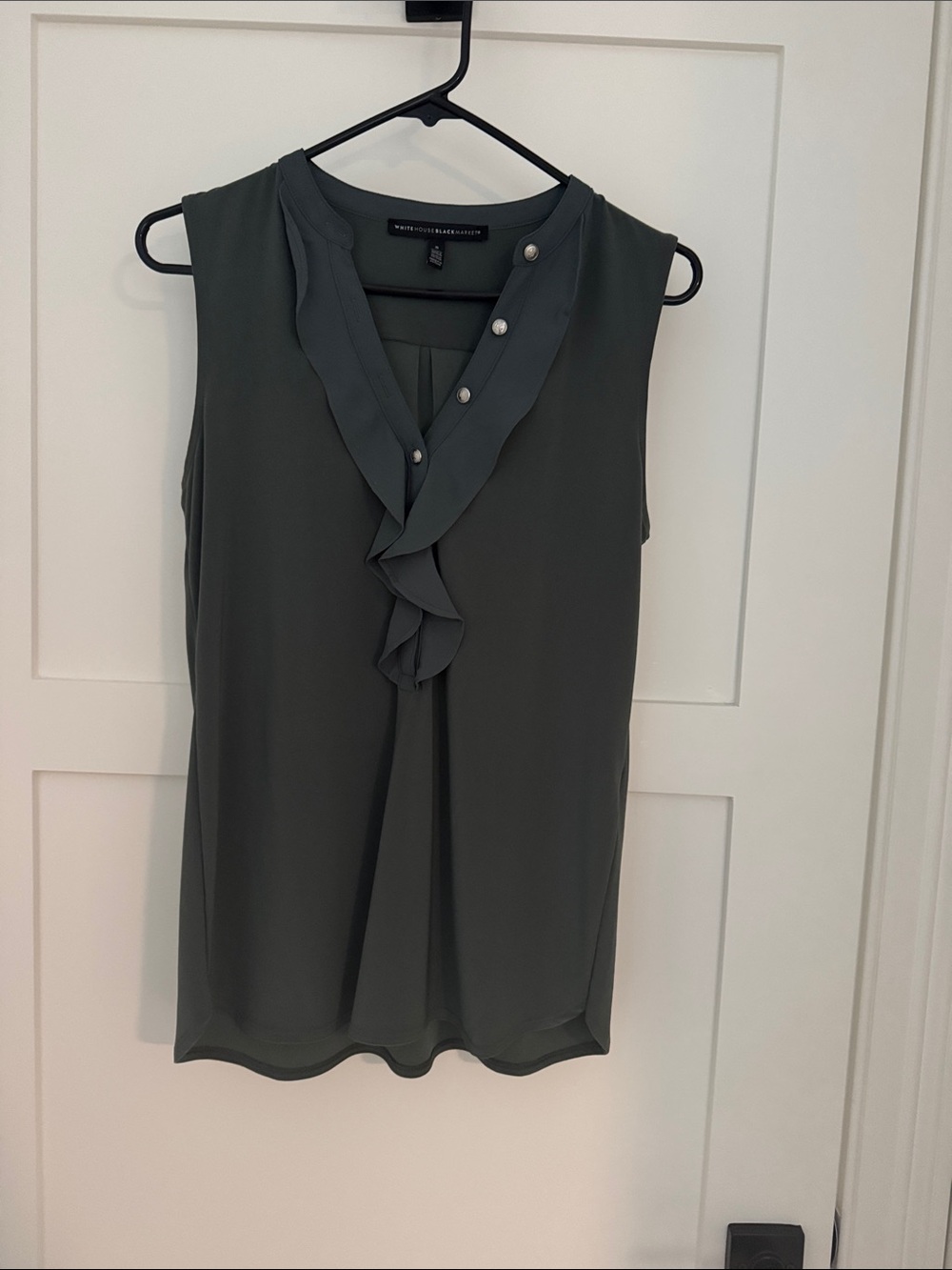 White House Black Market Olive Green Sleeveless Ruffle V-Neck Shell